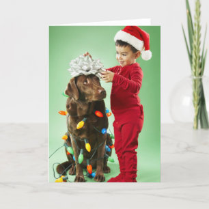 Young boy wrapping Christmas lights around a dog Holiday Card