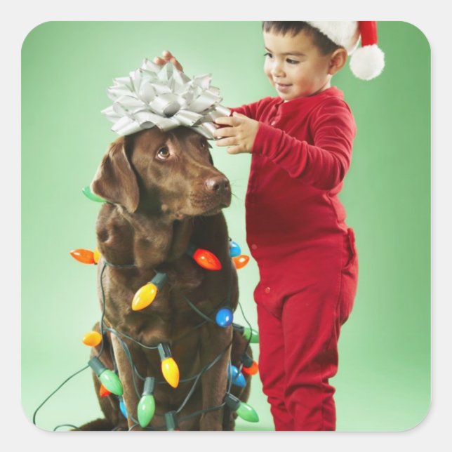 Young boy wrapping Christmas lights around a dog Square Sticker (Front)