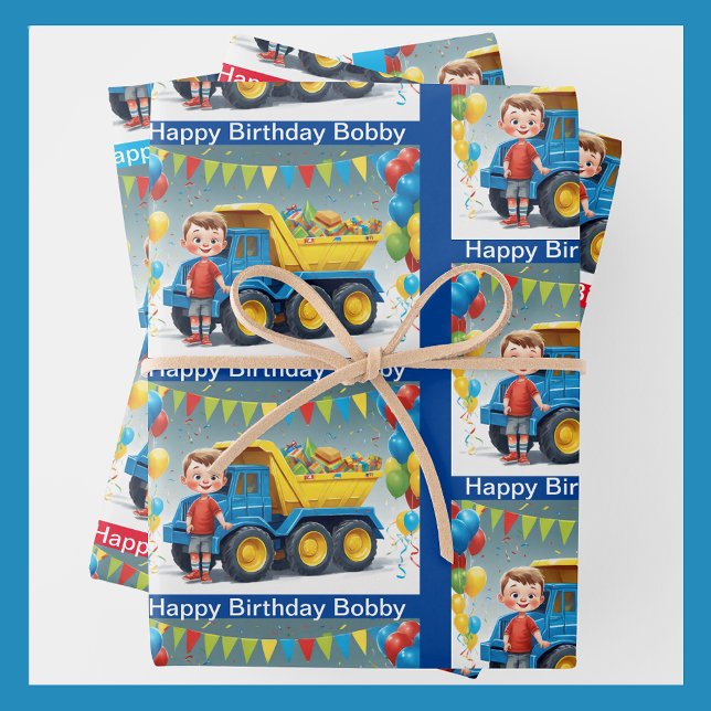 Young Boy's NAME Birthday Dump Truck Balloons Wrapping Paper Sheet (Creator Uploaded)