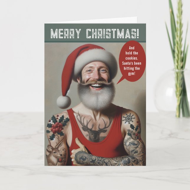 Young Buff Santa With Tattoos Holiday Card (Front)