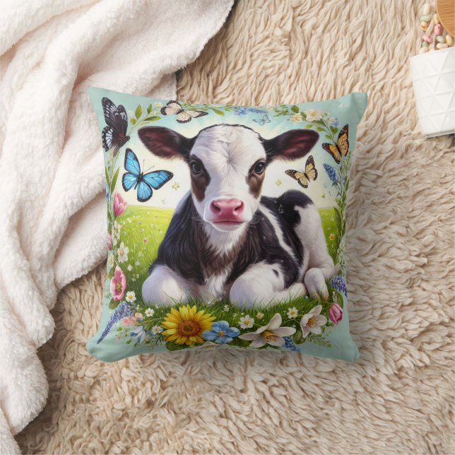 Young Calf with Floral Wreath and Butterflies Cushion (Blanket)