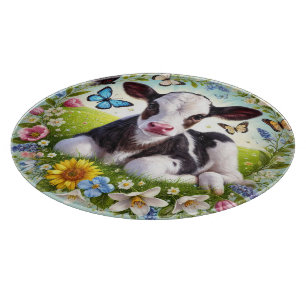 Young Calf with Floral Wreath and Butterflies Cutting Board