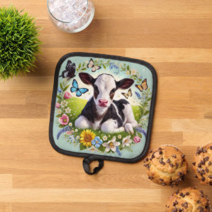 Young Calf with Floral Wreath and Butterflies Pot Holder