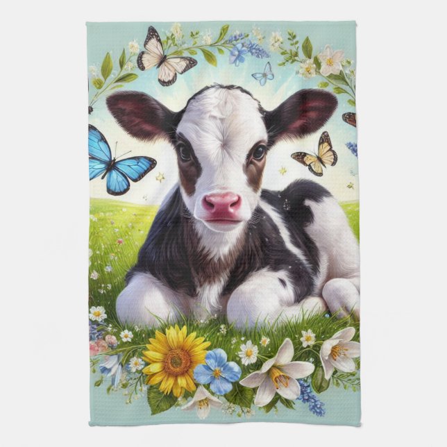 Young Calf with Floral Wreath and Butterflies Tea Towel (Vertical)