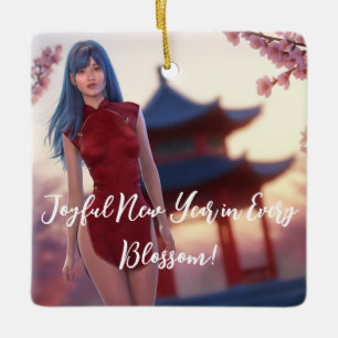 Young Cheongsam Beauty Posing for Chinese New Year Ceramic Ornament
