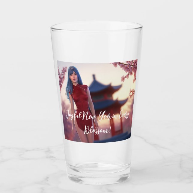 Young Cheongsam Beauty Posing for Chinese New Year Glass (Front)