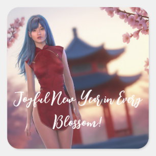 Young Cheongsam Beauty Posing for Chinese New Year Square Sticker
