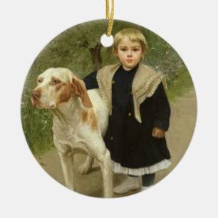 Young Child and a Big Dog (oil on canvas) Ceramic Ornament