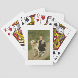 Young Child and a Big Dog (oil on canvas) Playing Cards