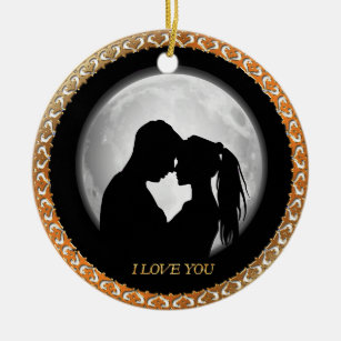 Young couple black silhouette kissing one another ceramic tree decoration