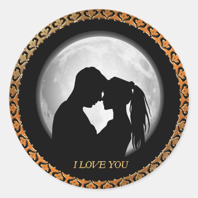 Young couple black silhouette kissing one another classic round sticker (Front)