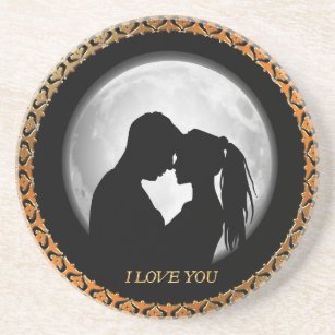 Young couple black silhouette kissing one another coaster