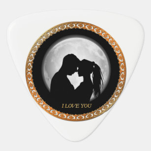 Young couple black silhouette kissing one another guitar pick