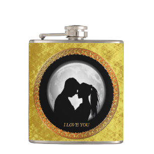 Young couple black silhouette kissing one another hip flask
