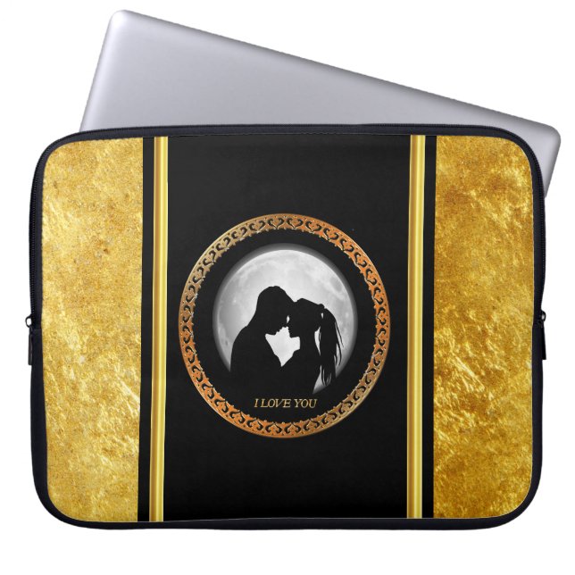 Young couple black silhouette kissing one another laptop sleeve (Front)