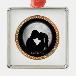 Young couple black silhouette kissing one another metal ornament