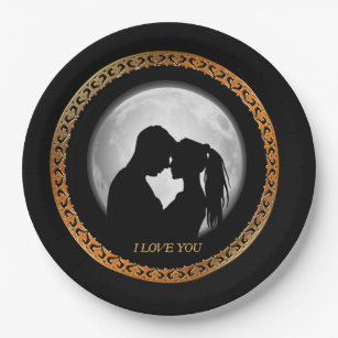 Young couple black silhouette kissing one another paper plate