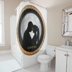 Young couple black silhouette kissing one another shower curtain