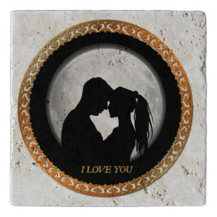Young couple black silhouette kissing one another trivet