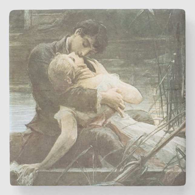Young Couple in Love (Kissing in a Boat) (Romance) Stone Coaster (Front)