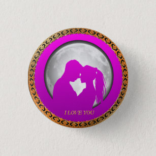 Young couple pink silhouette kissing one another 3 cm round badge