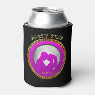 Young couple pink silhouette kissing one another can cooler