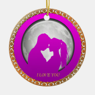 Young couple pink silhouette kissing one another ceramic ornament