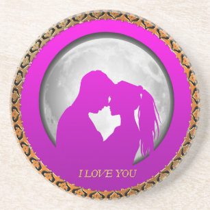 Young couple pink silhouette kissing one another coaster