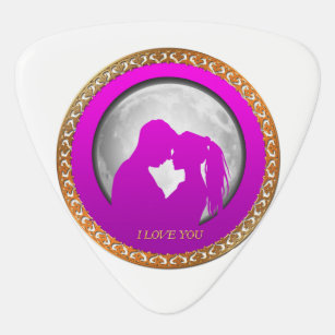 Young couple pink silhouette kissing one another guitar pick