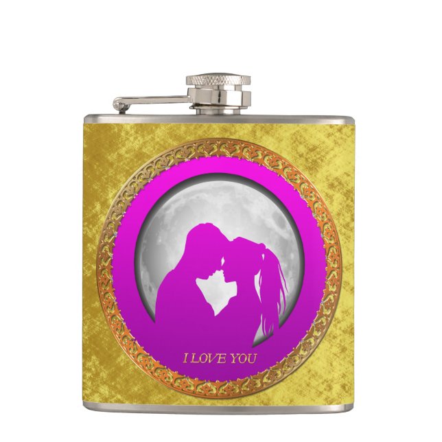 Young couple pink silhouette kissing one another hip flask (Front)