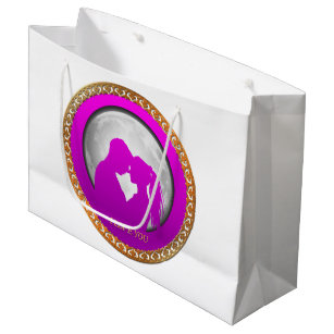 Young couple pink silhouette kissing one another large gift bag