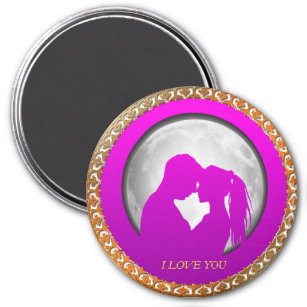 Young couple pink silhouette kissing one another magnet