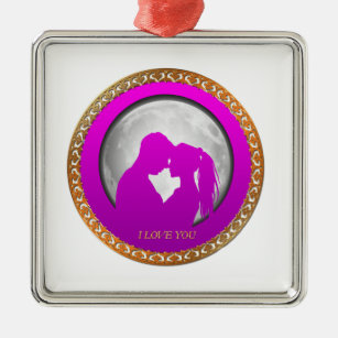 Young couple pink silhouette kissing one another metal ornament