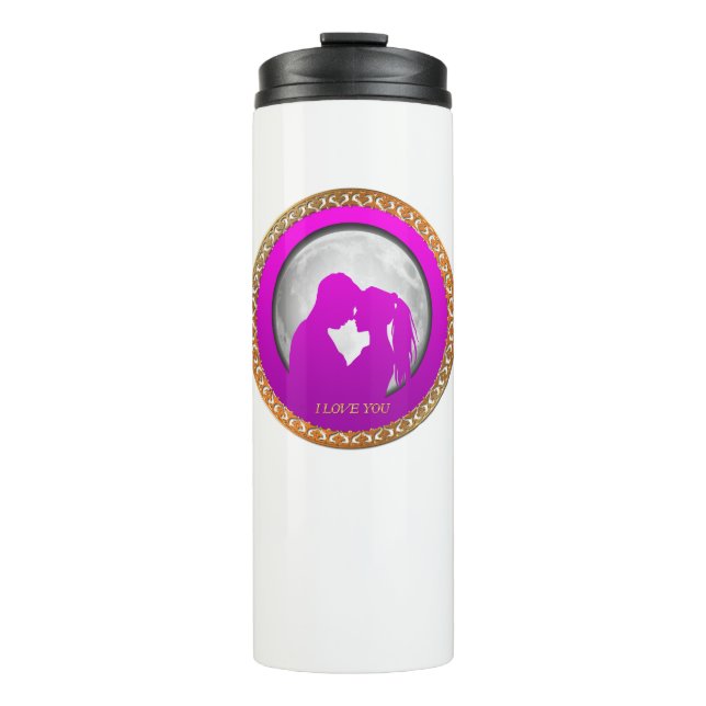 Young couple pink silhouette kissing one another thermal tumbler (Front)