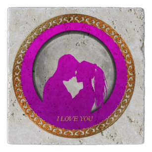 Young couple pink silhouette kissing one another trivet