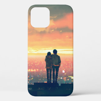 young couple standing on the roof top looking at c iPhone 12 case