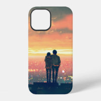 young couple standing on the roof top looking at c