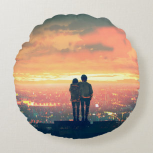 young couple standing on the roof top looking at c round cushion