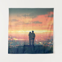 young couple standing on the roof top looking at c