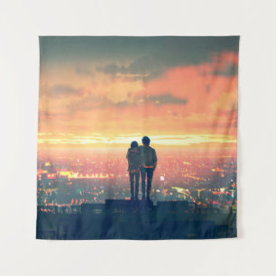 young couple standing on the roof top looking at c tapestry