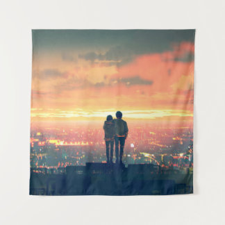 young couple standing on the roof top looking at c tapestry