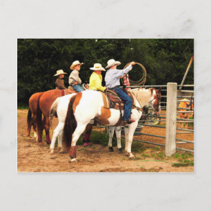 Young Cowboys roundup time at rodeo post card art