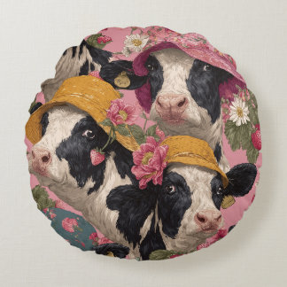 Young Cows Wearing Spring Hats In Strawberry Field Round Cushion