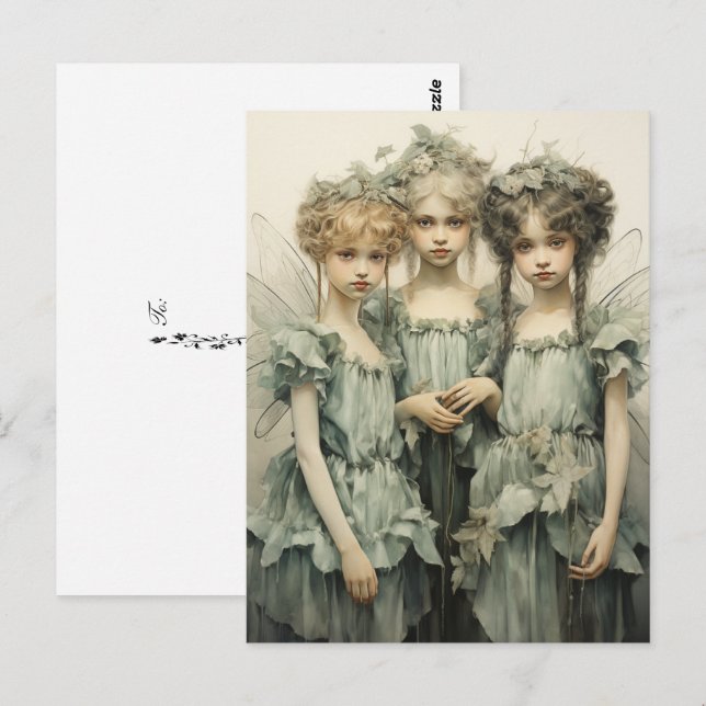 Young Cute Fairies Wearing Green Satin Dresses  Postcard (Front/Back)
