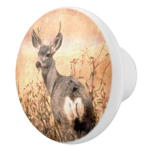 Young Deer in Wildflowers with Grungy Texture Art Ceramic Knob