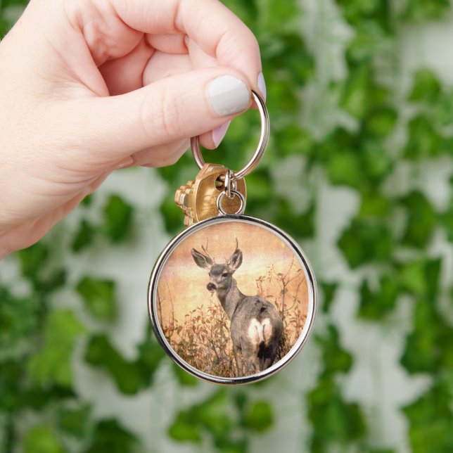 Young Deer in Wildflowers with Grungy Texture Art Key Ring (Hand)