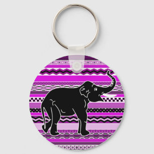 Young Elephant Silhouette on Purple Patterned Key Ring