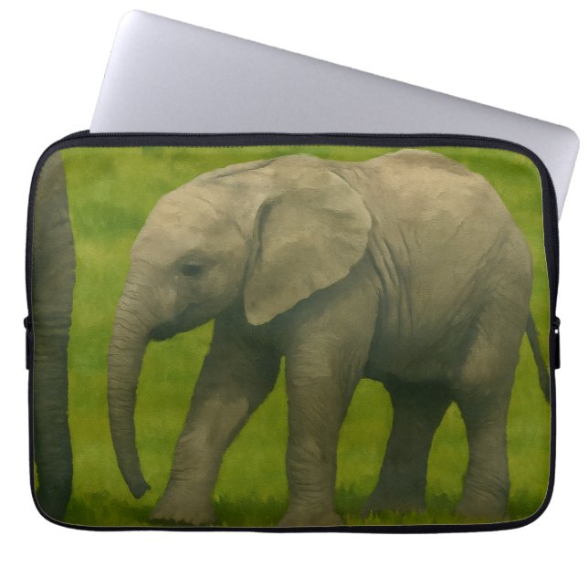 Young Elephant with Guardian in Grassy Reserve Laptop Sleeve (Front)