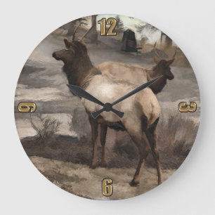 Young Elk Bucks   -  Banff Alberta Large Clock