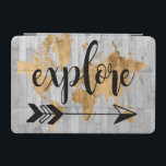 Young Explorer V iPad Mini Cover<br><div class="desc">A cute design featuring a gol
den text phrase and a gold map of the world over a grey plank background.. Artist: Studio W</div>